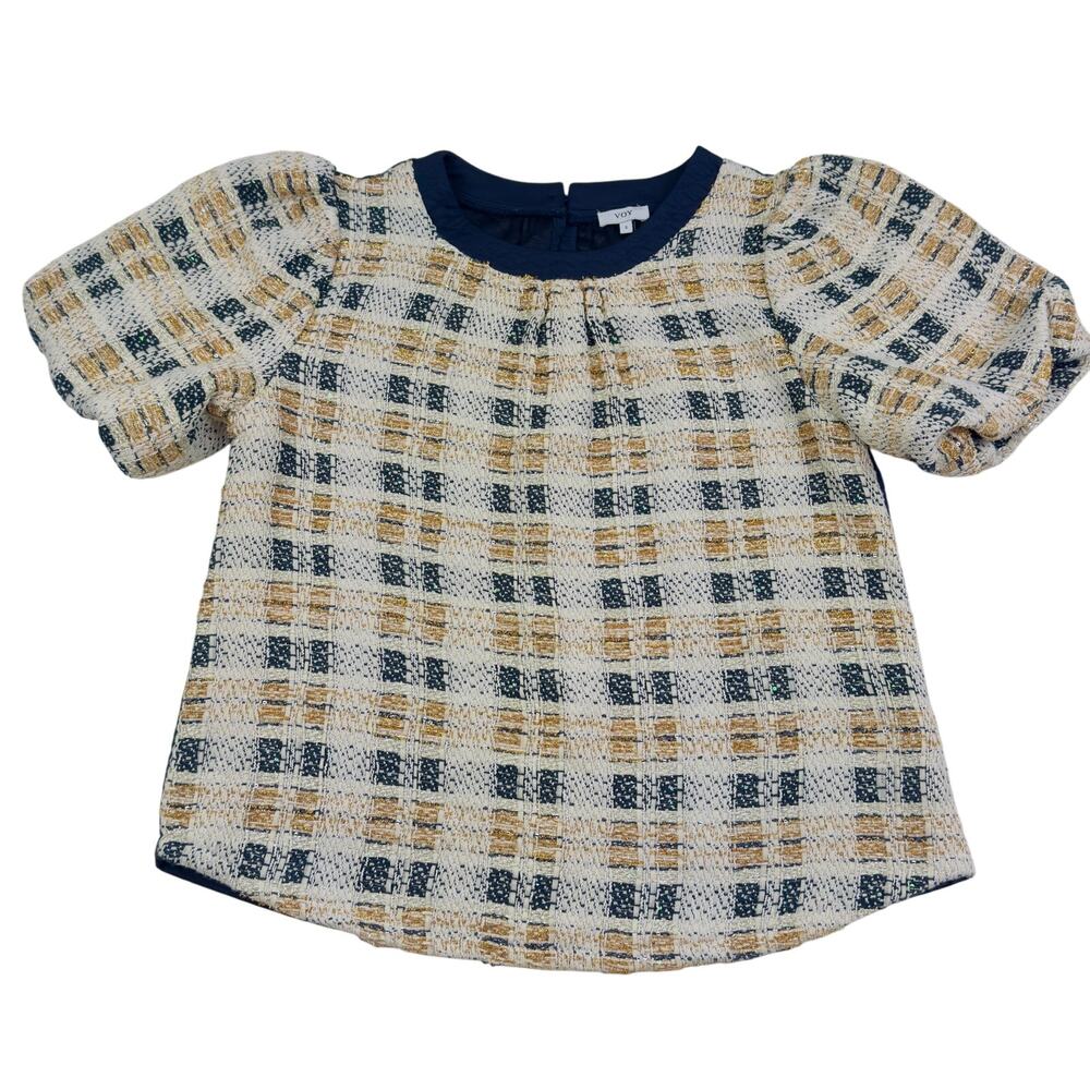 Voy Preppy Academia Classy Plaid Quilted Puff Sleeve Dressy Top Women's Size S